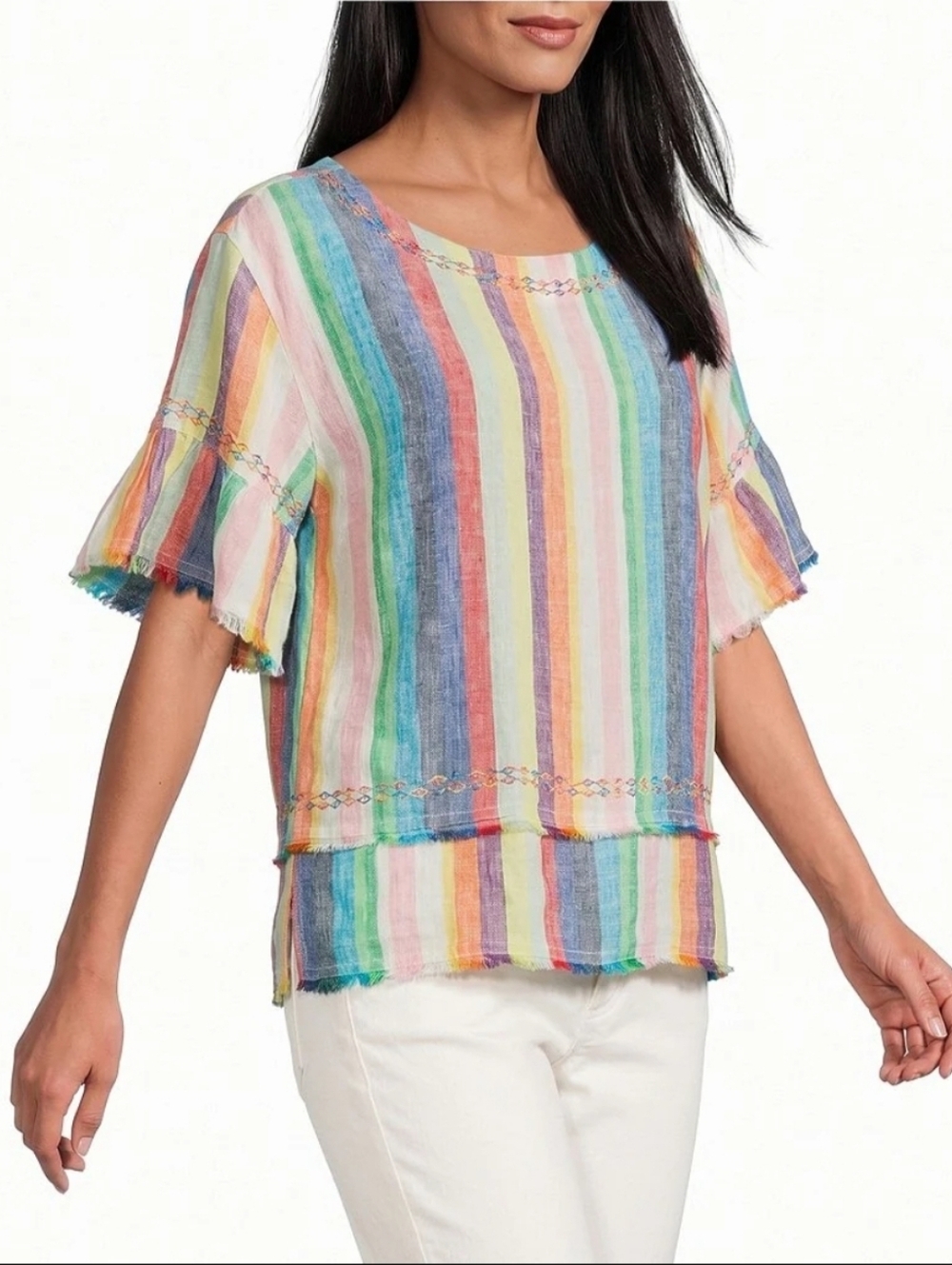 John Mark Linen Yarn-dye Stripe Scoop Neck Short Flounce Sleeve Top Sz M or L